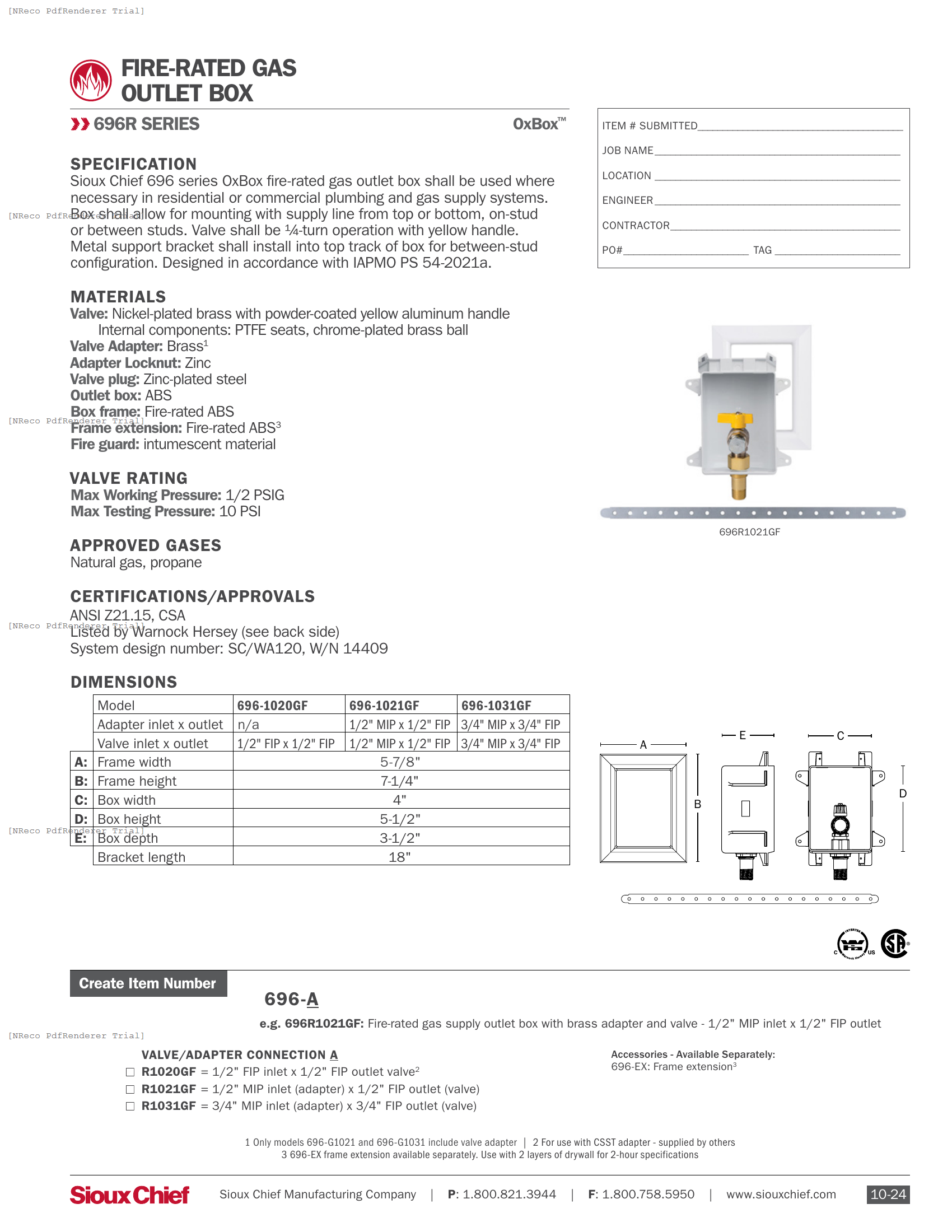 696R SERIES - FIRE-RATED OXBOX GAS OUTLET BOX - SPEC SHEET.PDF Specification Document